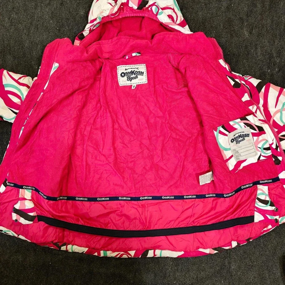 OshKosh B'gosh Girls Pink Multicoloured Swirl Puffer Jacket Hooded Size 10